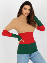 Hurt Jasnocamelowo-ciemnozielona bluzka basic z golfem w prążek