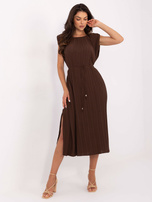 Dark brown pleated dress with shoulder pads.