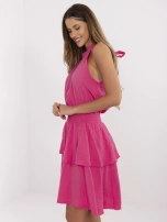 Fuksjowa muślinowa sukienka z gumką w pasie