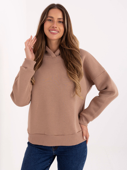 Ciemnobeżowa bluza oversize z napisem na kapturze