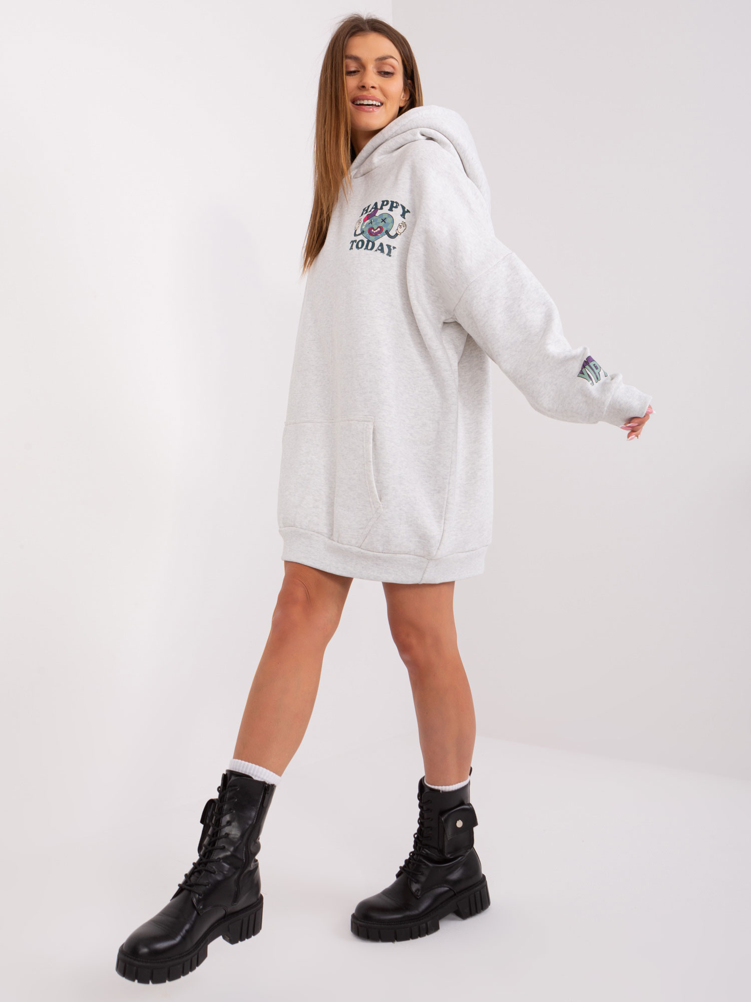 Hurt Jasnoszara długa bluza z kapturem STITCH & SOUL