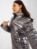 Hurtownia Srebrna damska kurtka pikowana z kieszeniami 