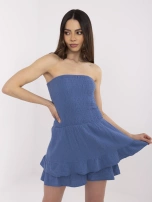 Dark blue muslin jumpsuit with ruffles.