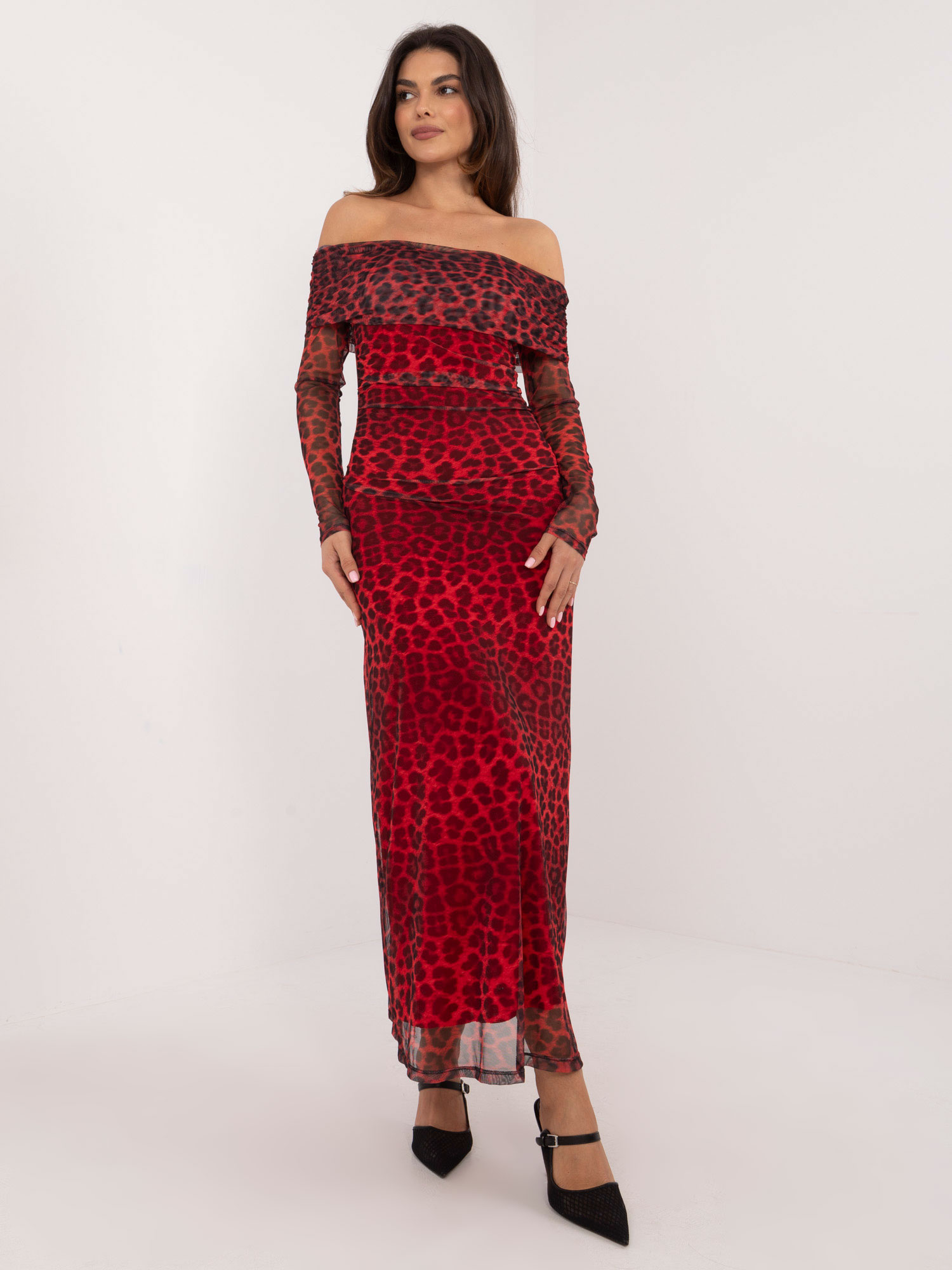 Hurt Czerwono-czarna maxi sukienka hiszpanka w panterkę 