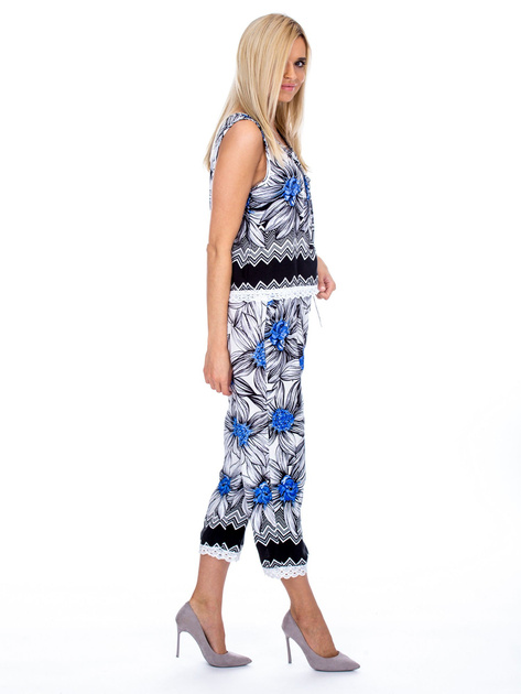 Czarno-niebieski wzorzysty komplet top i spodnie