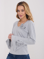 Szara bawełniana bluzka z dekoltem V