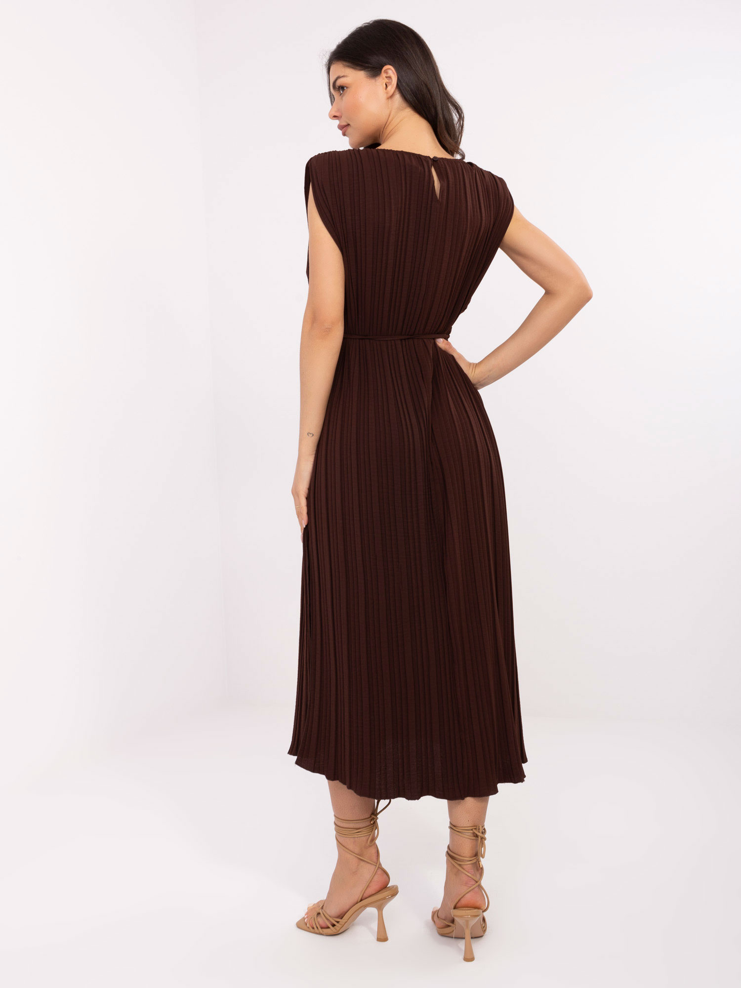 Dark brown midi dress with pleats.
