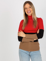 Hurt Czerwono-ciemnocamelowa bluzka basic z golfem w prążek