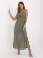 Khaki lace dress with a slit.