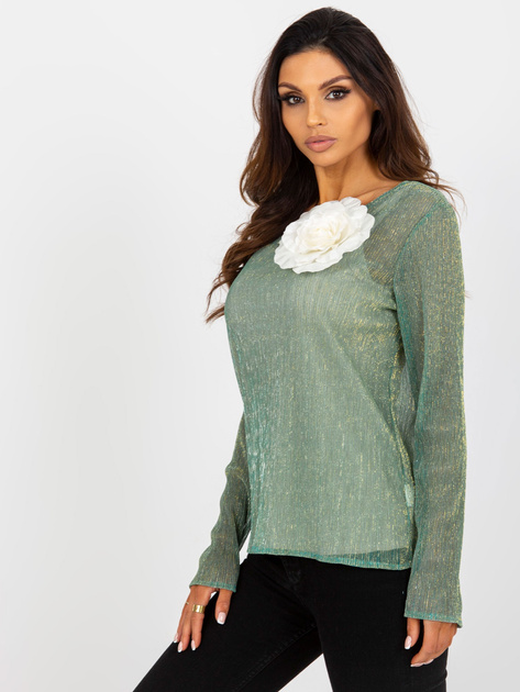 Hurt Jasnozielono-beżowa dwuczęściowa bluzka wizytowa z broszką