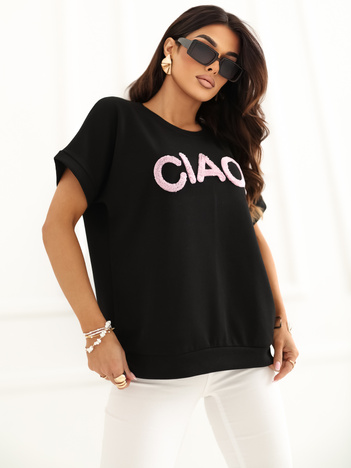 Czarna bluzka oversize z kontrastowym napisem RUE PARIS 