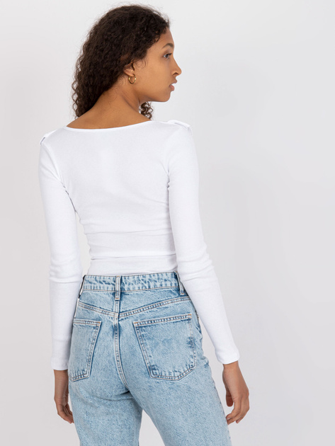 Biała prążkowana bluzka basic z dekoltem V RUE PARIS