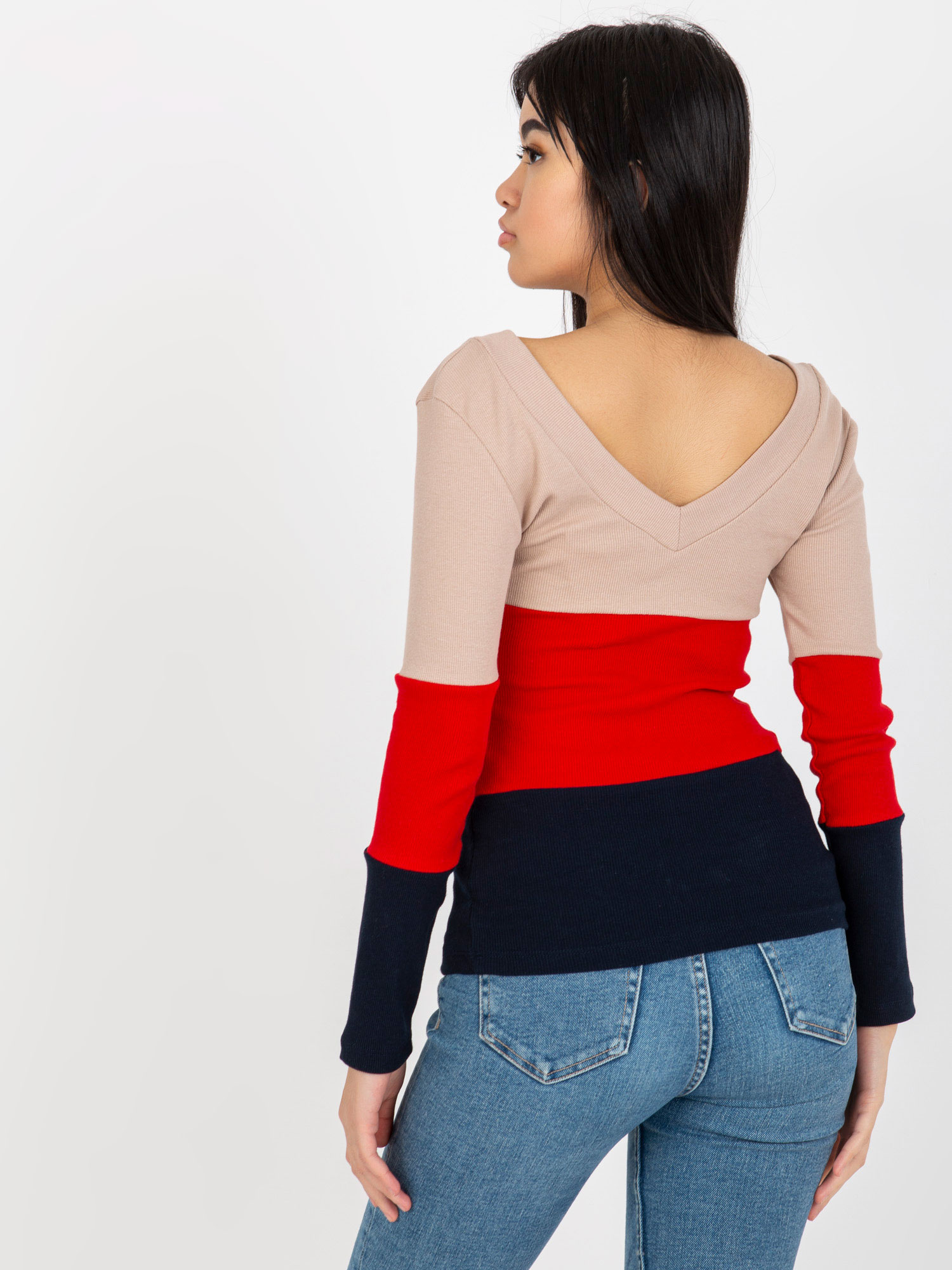 Beige-navy women's basic ribbed blouse RUE PARIS.