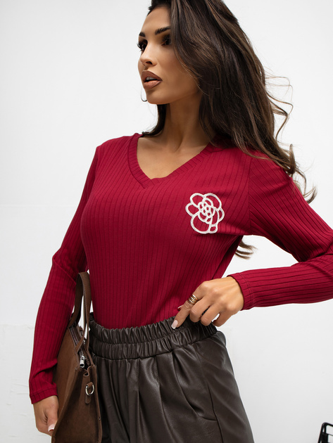 Bordowa bluzka z haftem w kształcie kwiatka RUE PARIS