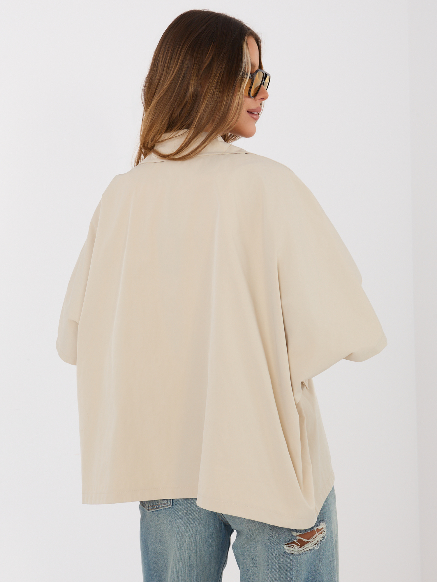 Beżowy dwurzędowy płaszcz z podszewką RUE PARIS 