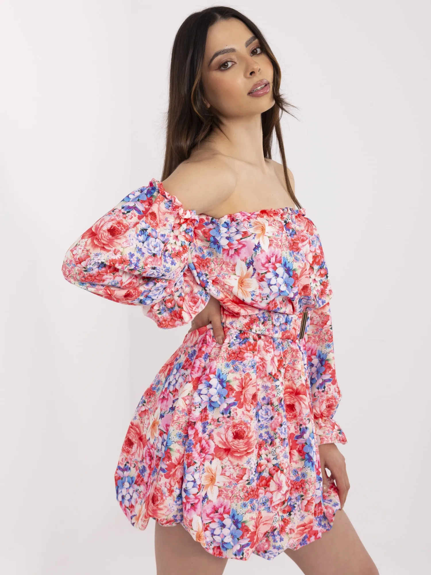 Red-blue off-the-shoulder dress with puff sleeves.