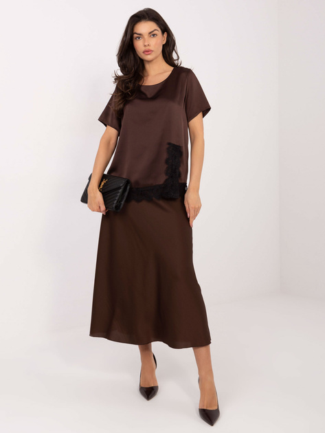 Czekoladowa satynowa bluzka z koronką 