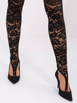 Black lace leggings with a toe flap.