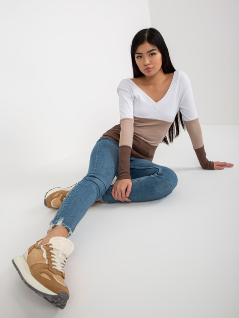 Hurt Biało-brązowa dopasowana bluzka basic w prążek RUE PARIS