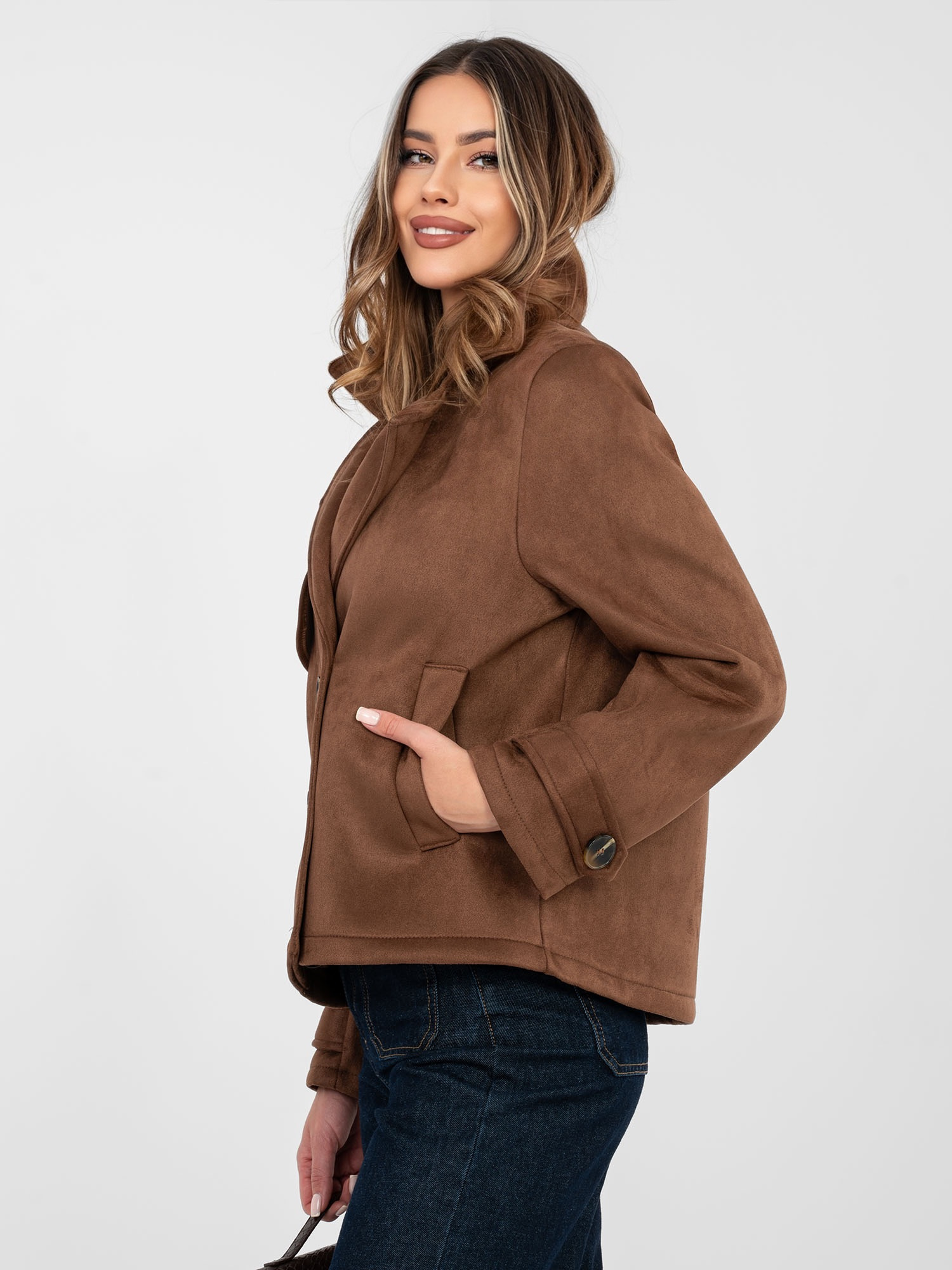Brown suede coat with pockets.
