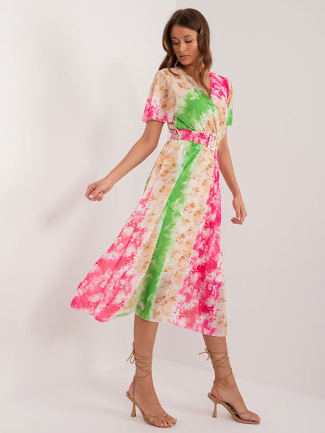 Hurt Różowo-zielona damska sukienka z krótkim rękawem