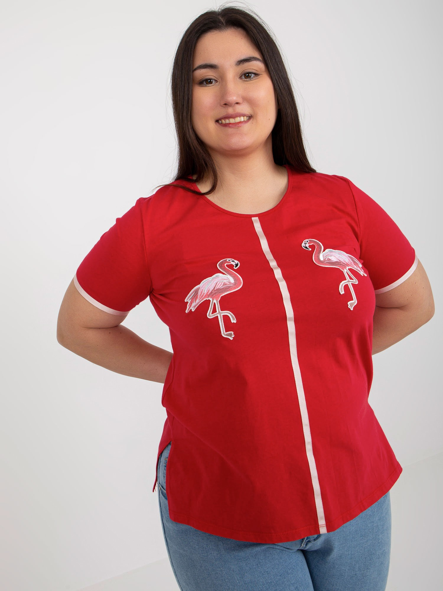 Hurt Red women's plus size t-shirt with patches.