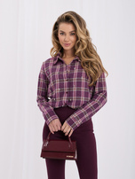 Purple oversized flannel shirt with a collar.
