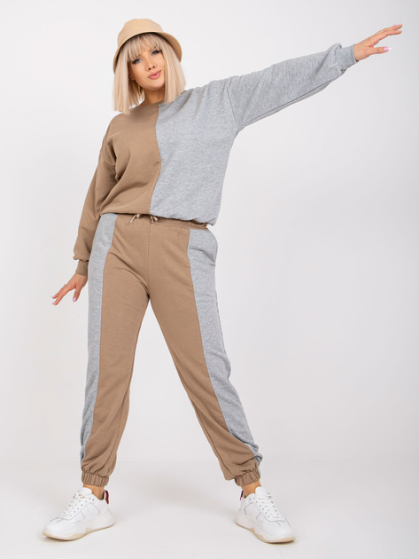 Ciemnobeżowo-szary bawełniany komplet dresowy plus size Amishi