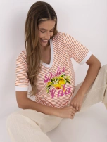 Pomarańczowo-biała letnia bluzka z dekoltem V