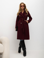 Burgundy coat with decorative buttons on the sleeves.