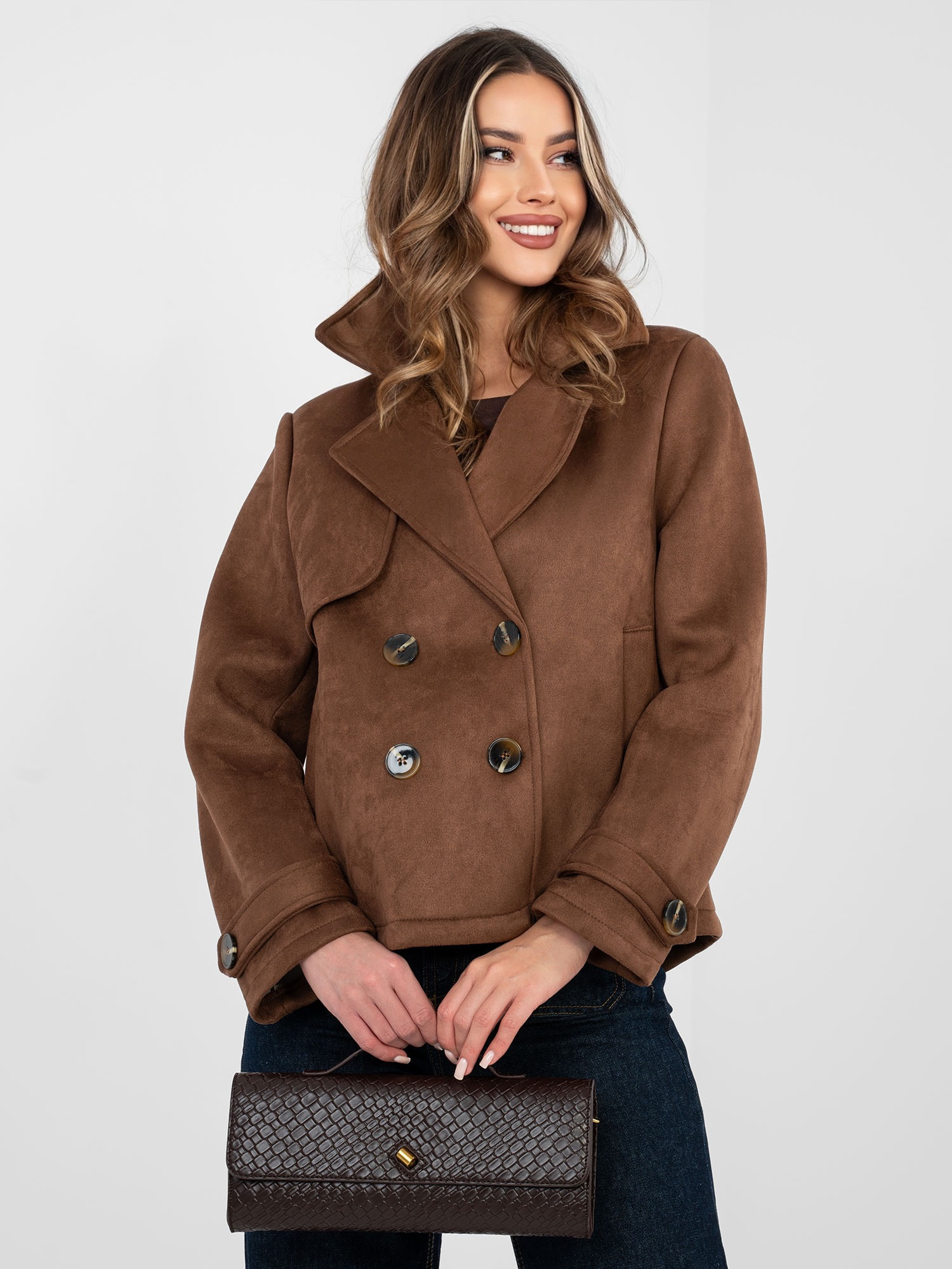 Brown suede coat with pockets.
