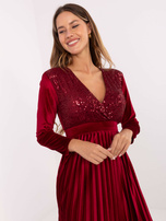 Burgundy maxi dress with a wrap neckline.