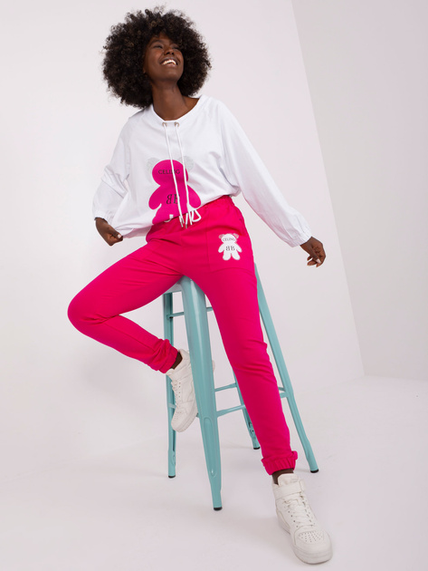 Hurt Ecru-fuksjowy damski komplet dresowy z misiem
