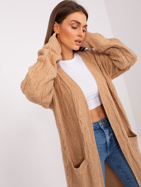 Hurtownia Camelowy długi kardigan z warkoczami