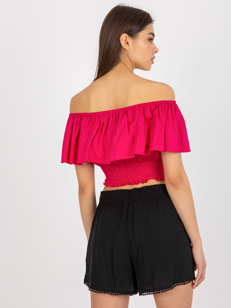 Hurtownia Fuksjowa krótka bluzka hiszpanka z falbaną