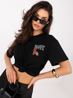 Czarny damski t-shirt z małym nadrukiem