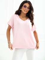 Jasnoróżowa bluzka oversize z krótkim rękawem