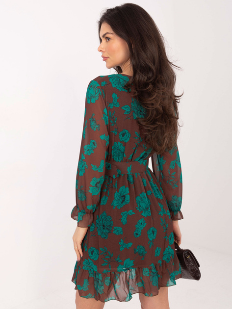 Brązowo-zielona sukienka z falbaną Loriella
