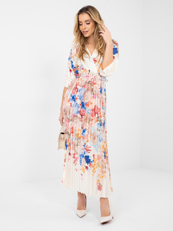 Kremowa satynowa sukienka z kopertowym dekoltem