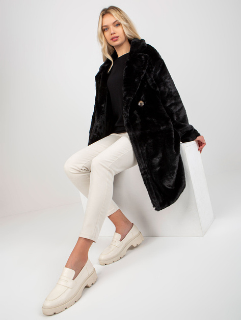 Hurt Czarny damski płaszcz futrzany z kieszeniami OCH BELLA