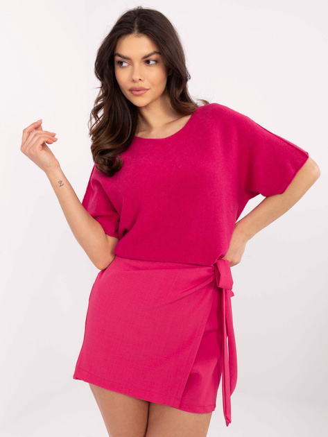 Hurt Fuksjowy sweter oversize z krótkim rękawem