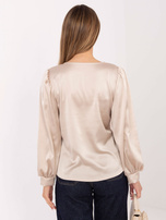 Beżowa satynowa bluzka z bufiastym rękawem