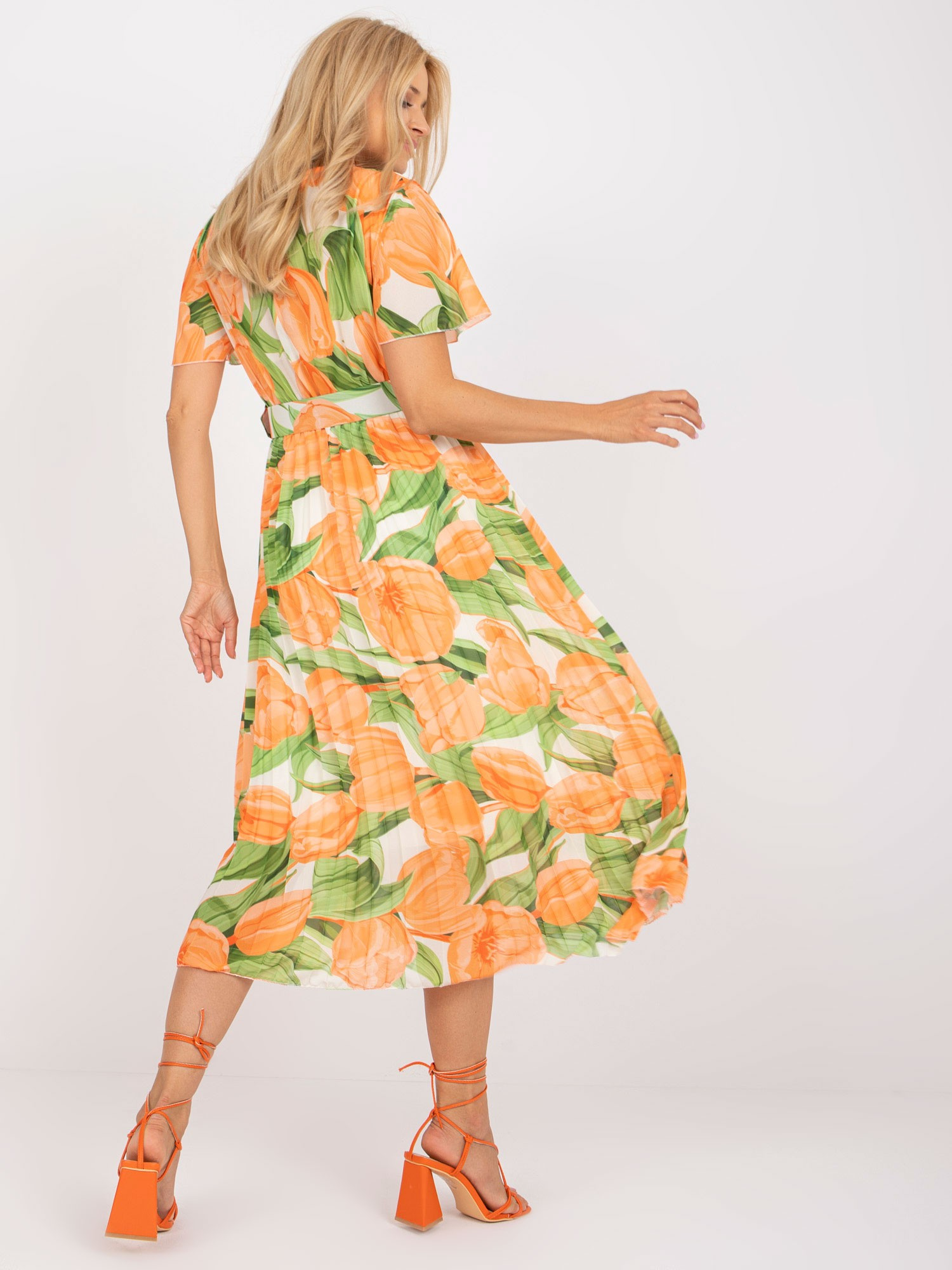 Orange-Green Pleated One Size Floral Dress