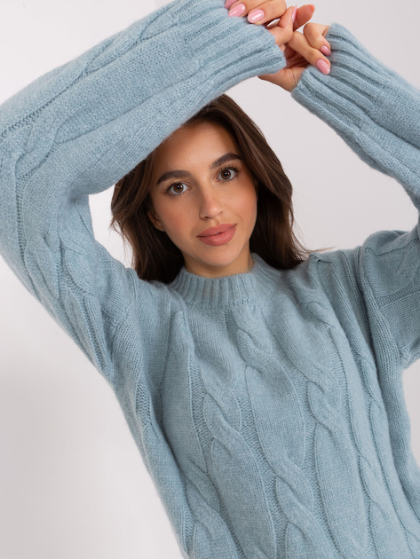 Hurt Miętowy sweter z warkoczami i okrągłym dekoltem