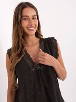 Graphite loose top with a V-neck.