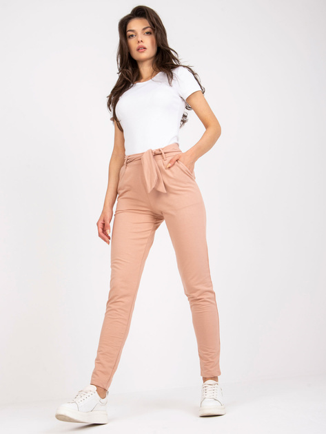 Beżowe spodnie z materiału z kieszeniami RUE PARIS