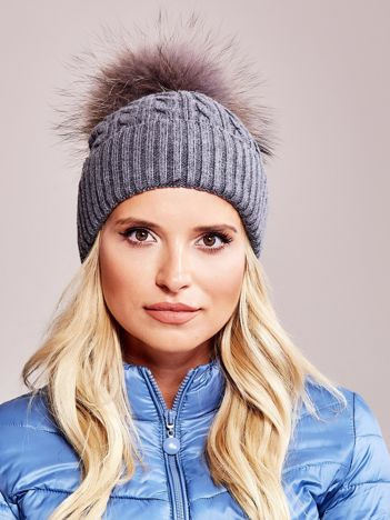 Dark grey hat with ribbing and fur pompom