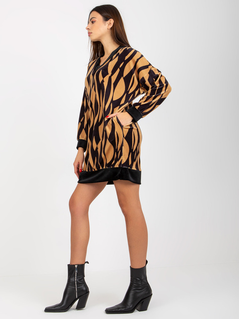 Hurt Ciemnobeżowo-czarna welurowa sukienka z nadrukiem RUE PARIS