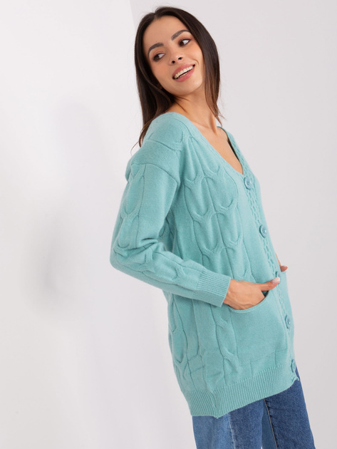 Hurt Miętowy damski sweter rozpinany z warkoczami