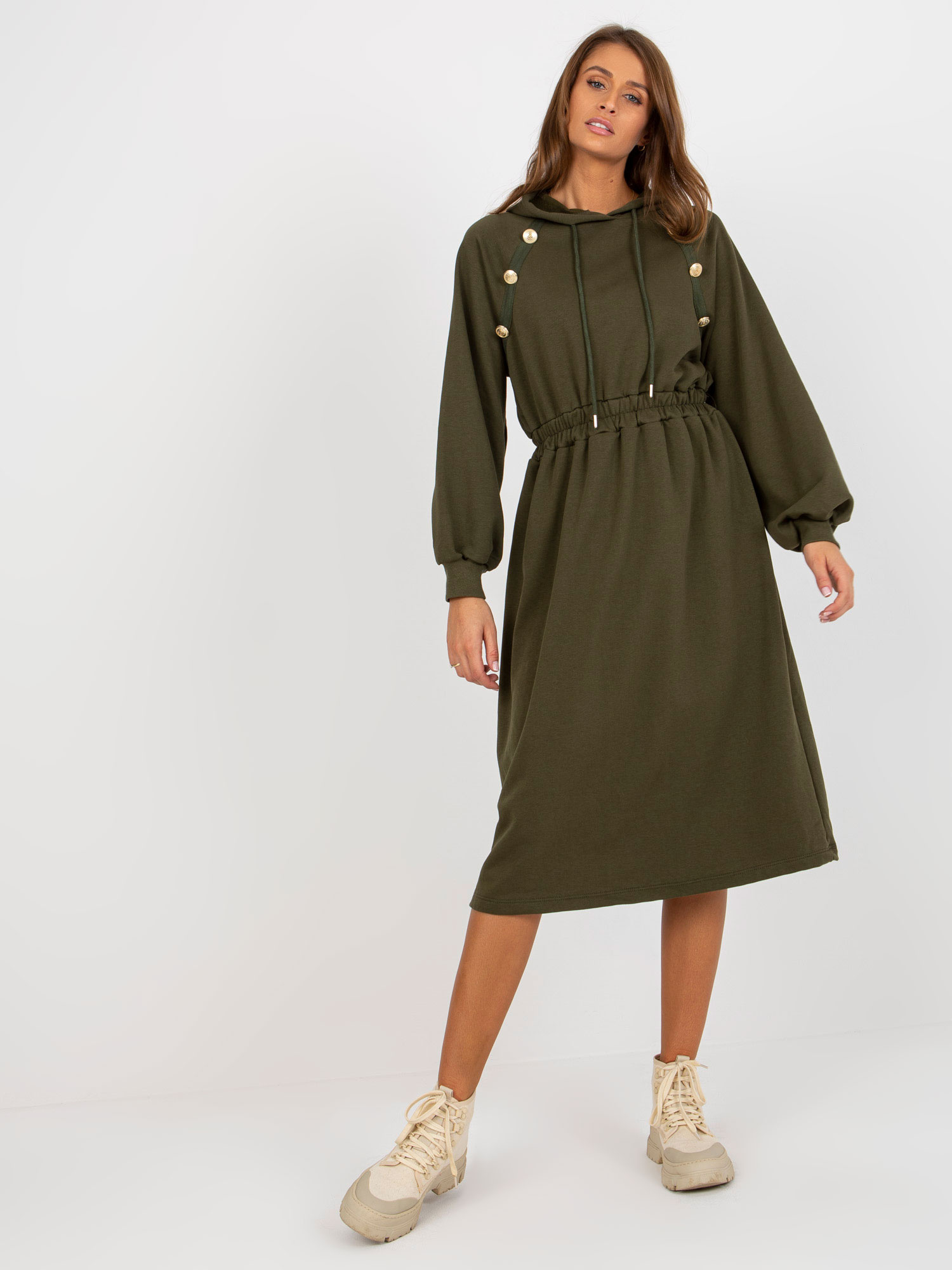 Hurt Khaki Midi A-Linien Kleid aus Sweatstoff mit Knöpfen.